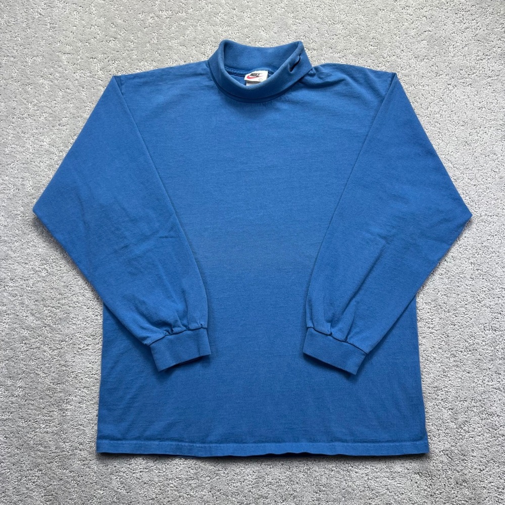 VINTAGE 90s Nike Long Sleeve Shirt Large Blue Turtle Neck Embroidered Swoosh USA